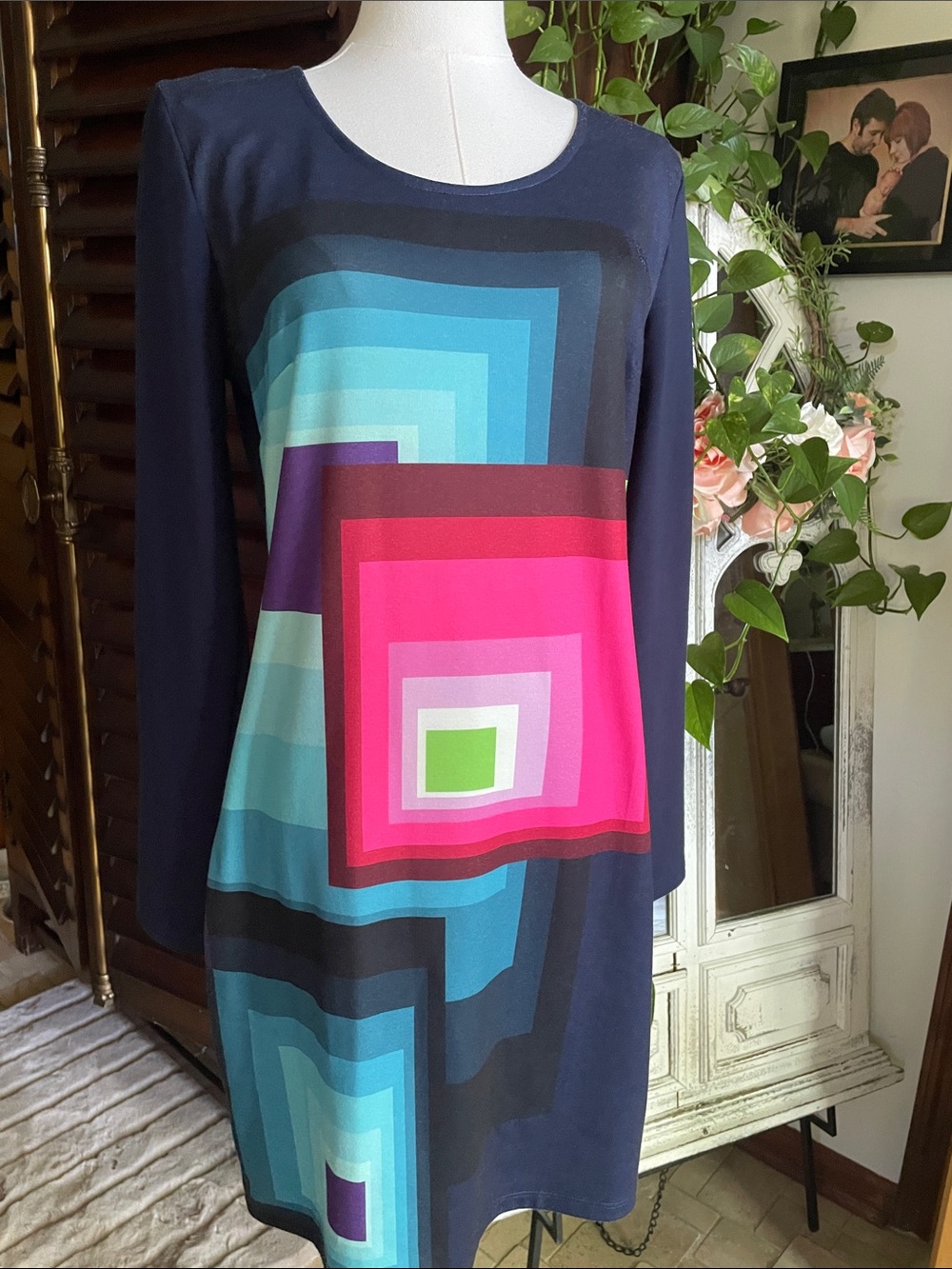 Desigual Size Large Navy Shift Dress Bold Geometric Colorblock Squares As Is
